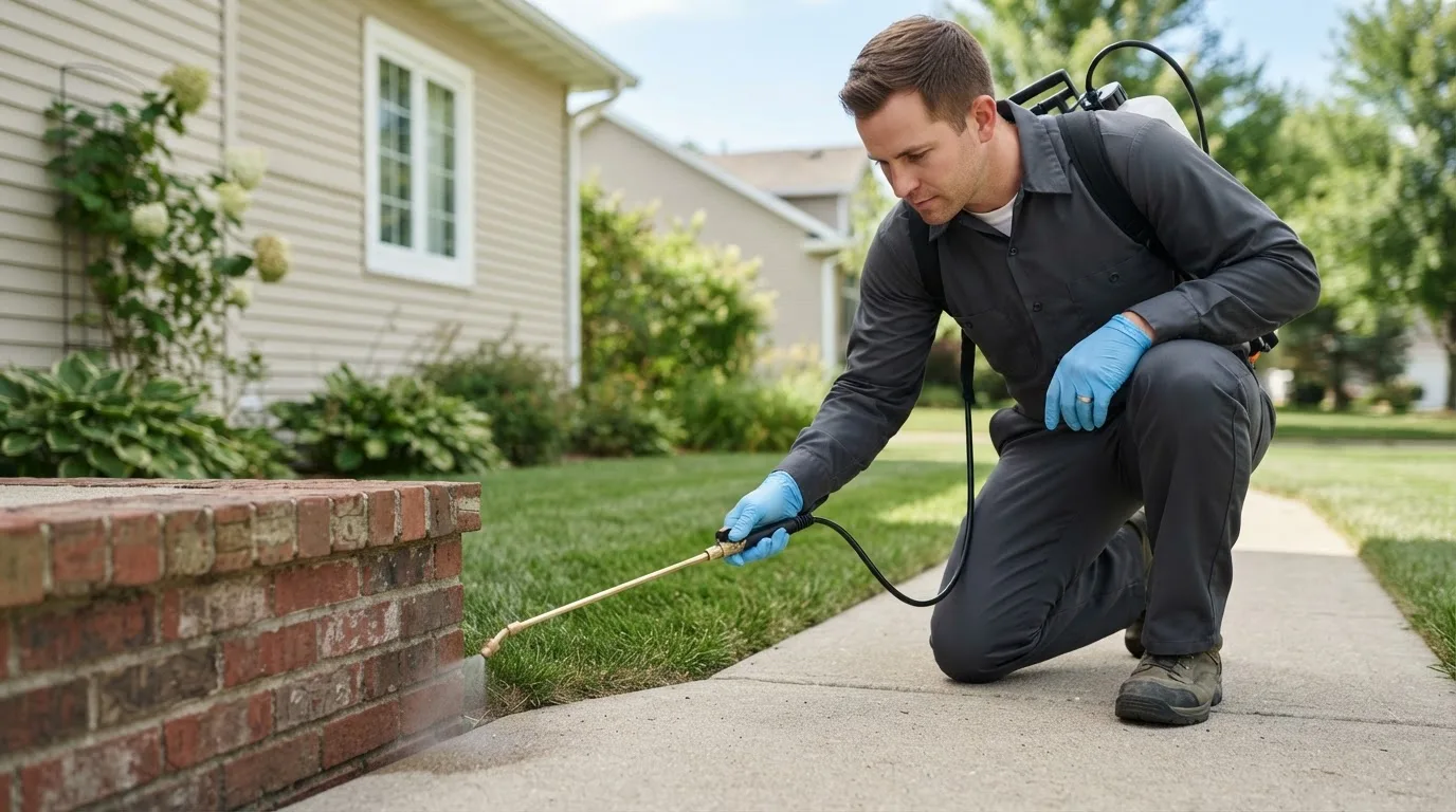 Pest control technician treating a home near Edwards, MO